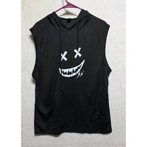 MANFINITY Mens Black Sleeveless Hoodie Graphic Smiley Face Pocket Size L